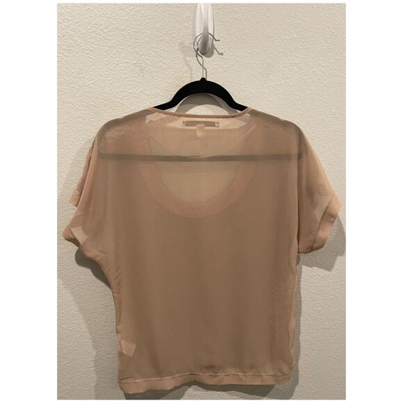 LC LAUREN CONRAD Round Neck Short Sleeve Tan Sheer Blouse - Picture 4 of 5